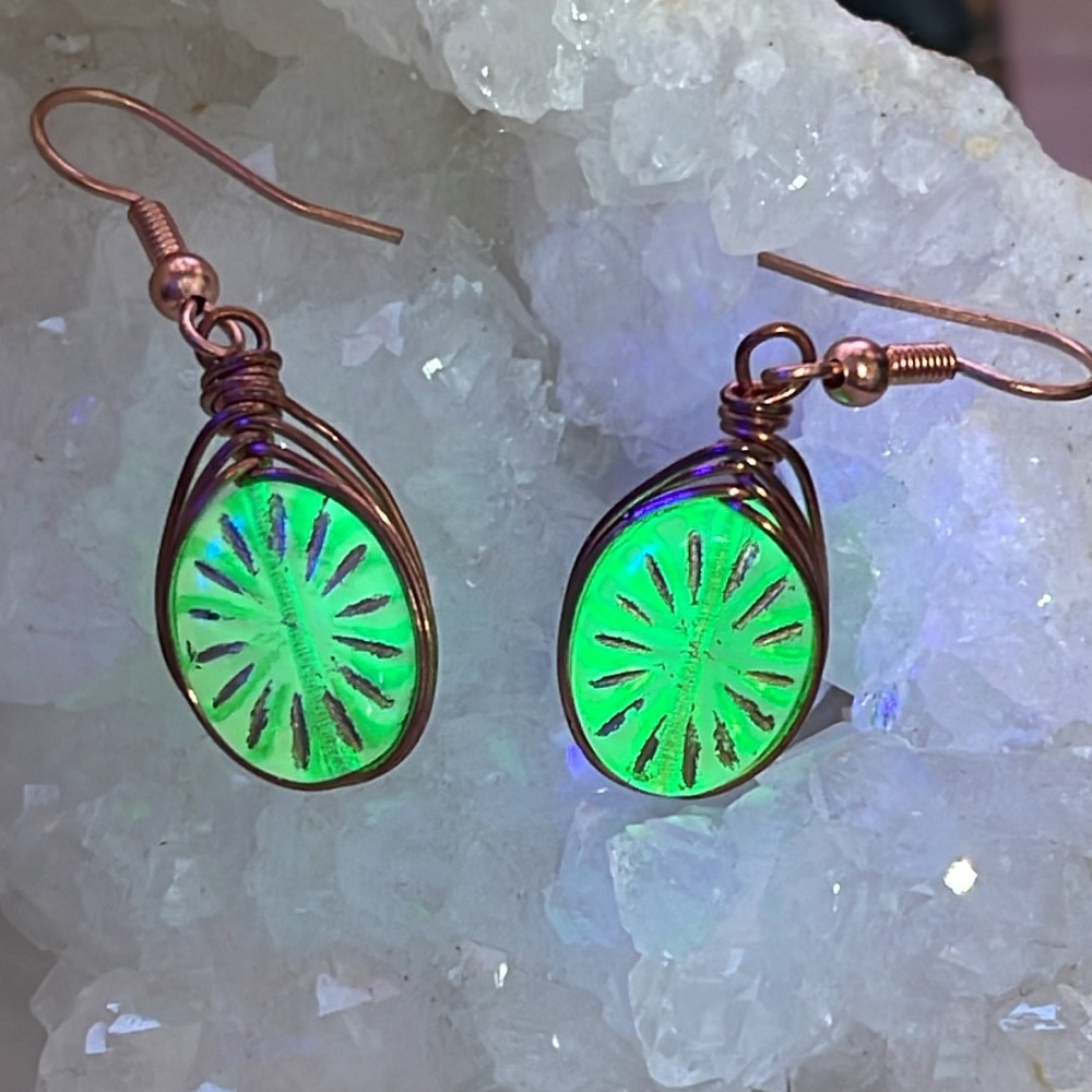 Handmade wire wrapped Czech uranium glass bead earrings